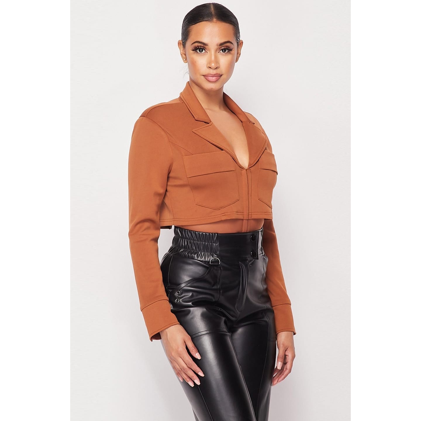 Deep-v Cropped Power Shoulder Blazer Bodysuit