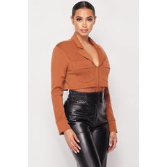 Deep-v Cropped Power Shoulder Blazer Bodysuit