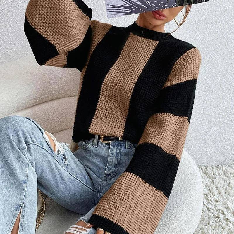 Crew Neck Waffle Drop Shoulder Knit Sweater