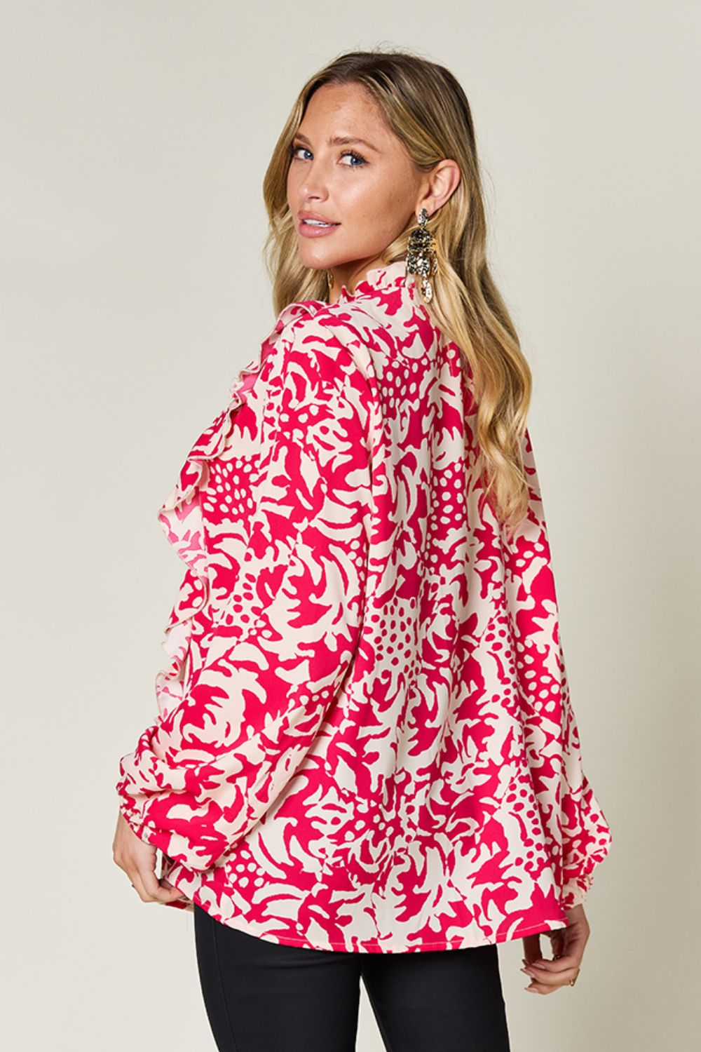 Full Size Printed Ruffle Trim Balloon Sleeve Shirt