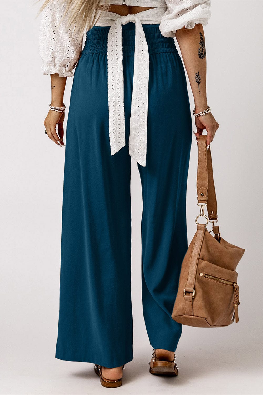 Drawstring Smocked Waist Wide Leg Pants