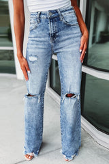 Sky Blue Washed Ripped Wide Leg High Waist Jeans