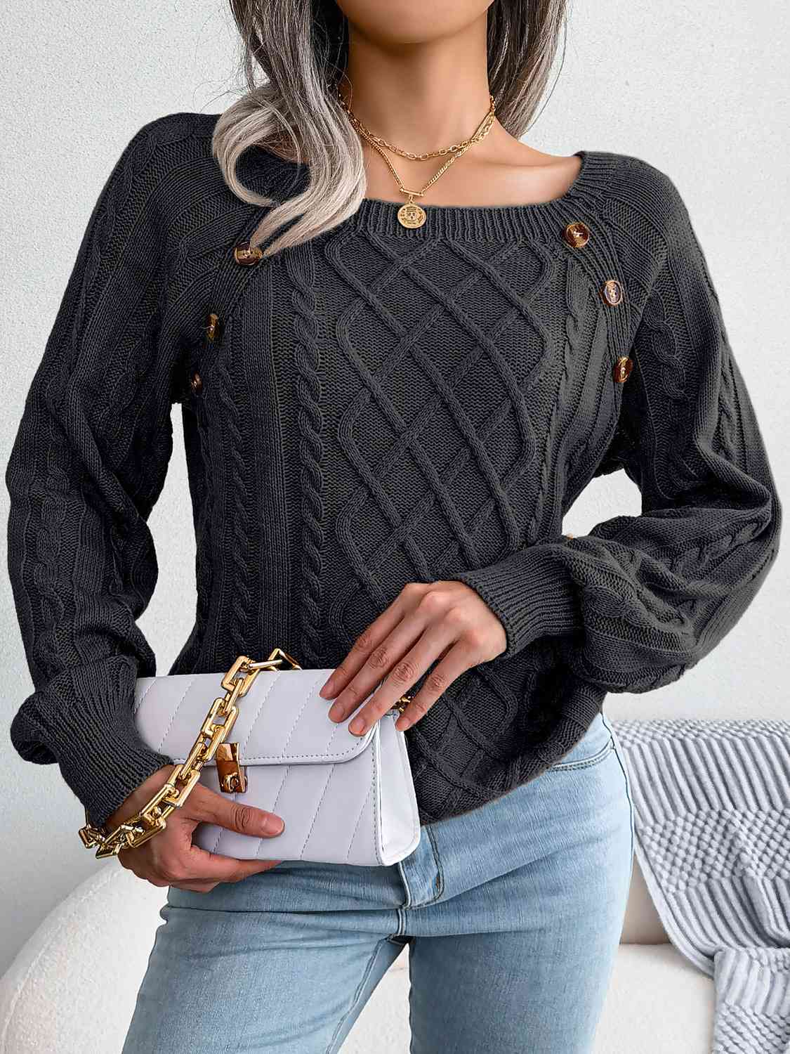 Fall Free Button Cable-Knit Sweater