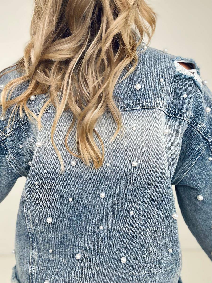 Pearl Embellished Ripped Button Down Denim Jacket