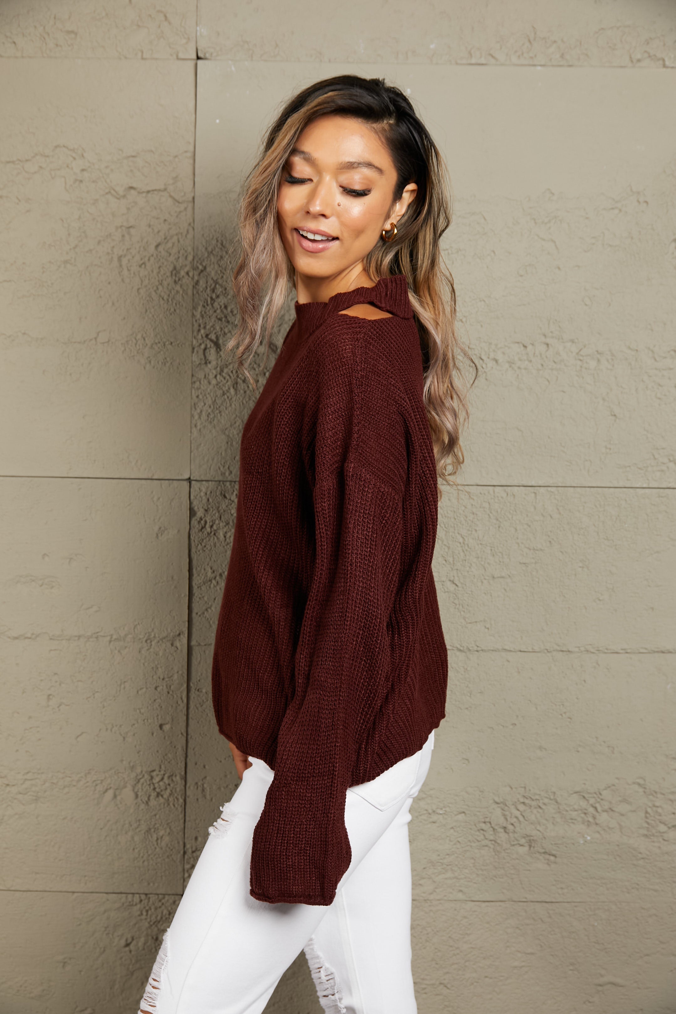 Round Neck Cutout Dropped Shoulder Sweater