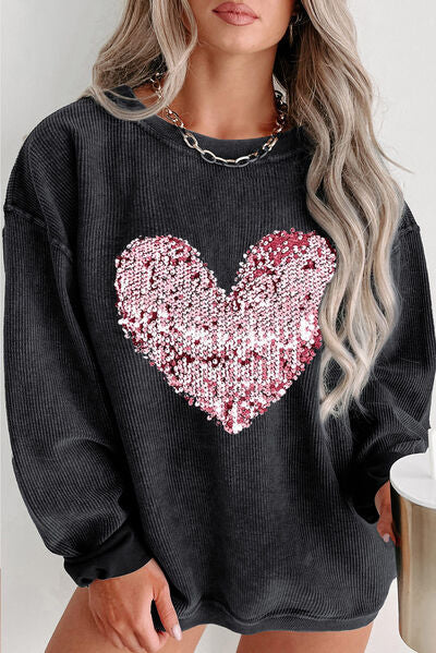 Plus Size Heart Sequin Round Neck Sweatshirt