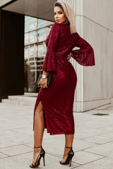 Red Deep V Neck Bell Sleeve Sequin Dress