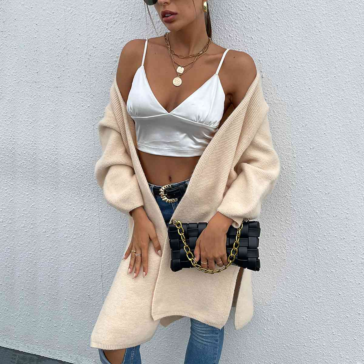 Open Front Slit Long Sleeve Cardigan