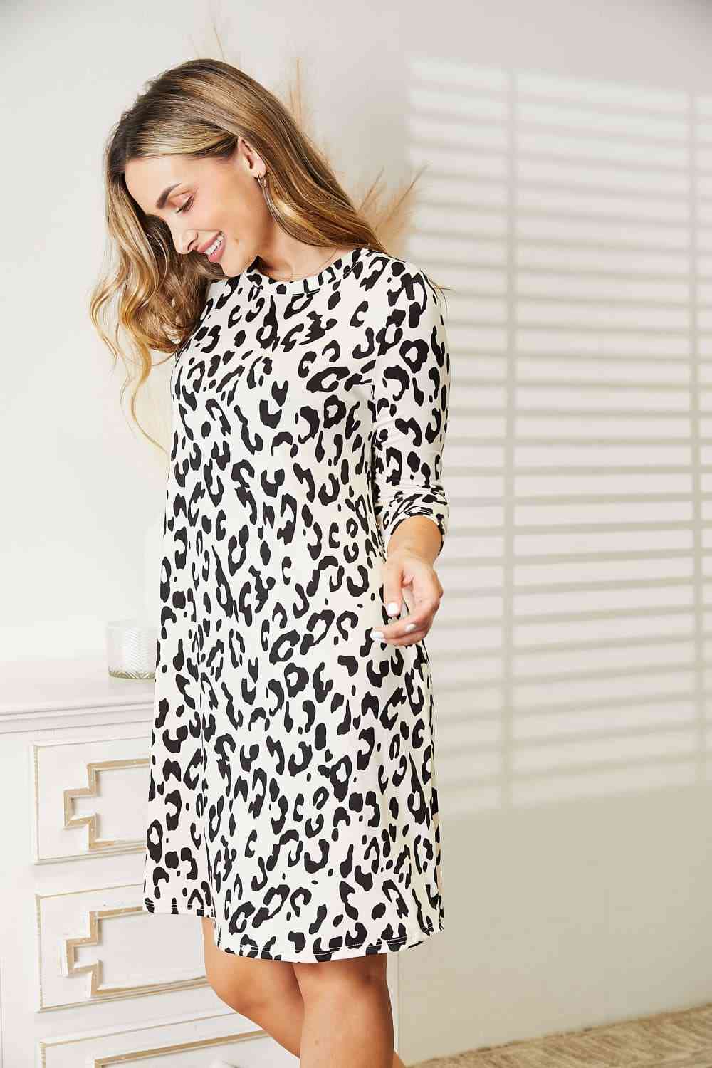 Full Size Leopard Three-Quarter Sleeve Dress with Pockets