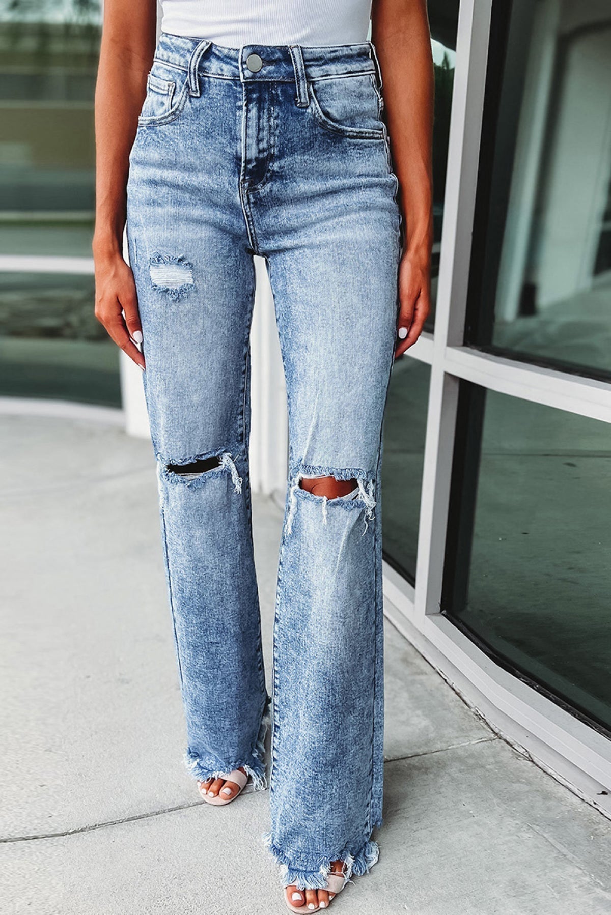 Sky Blue Washed Ripped Wide Leg High Waist Jeans