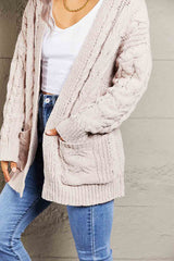 Woven Right Cable-Knit Open Front Cardigan with Front Pockets