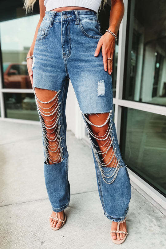 Ripped Chain Ornament Straight-leg Pants