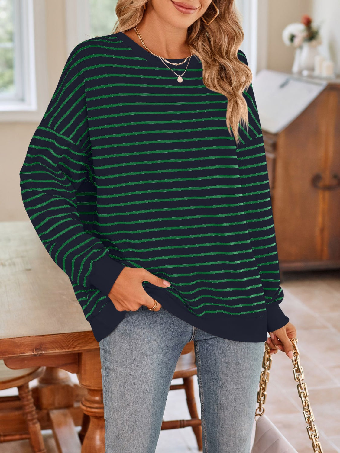 Lovelet Striped Round Neck Long Sleeve Sweatshirt