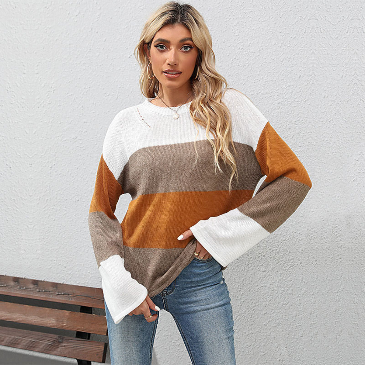 Crew Neck Long Sleeve Colorblock Sweater