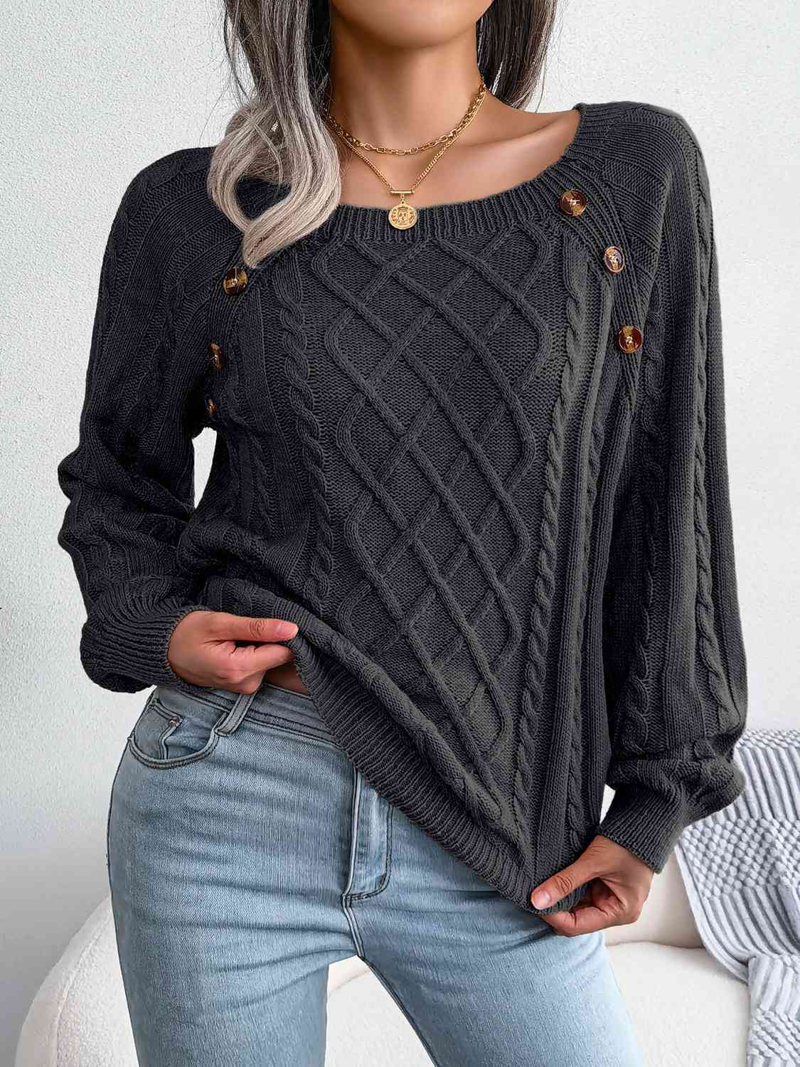 Fall Free Button Cable-Knit Sweater