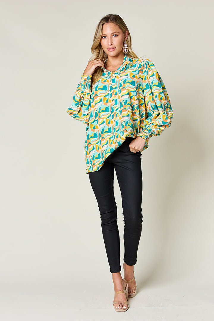 Full Size Printed Smocked Long Sleeve Blouse