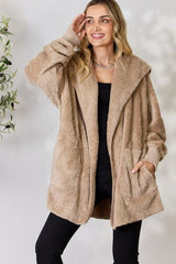 Faux Fur Open Front Hooded Jacket