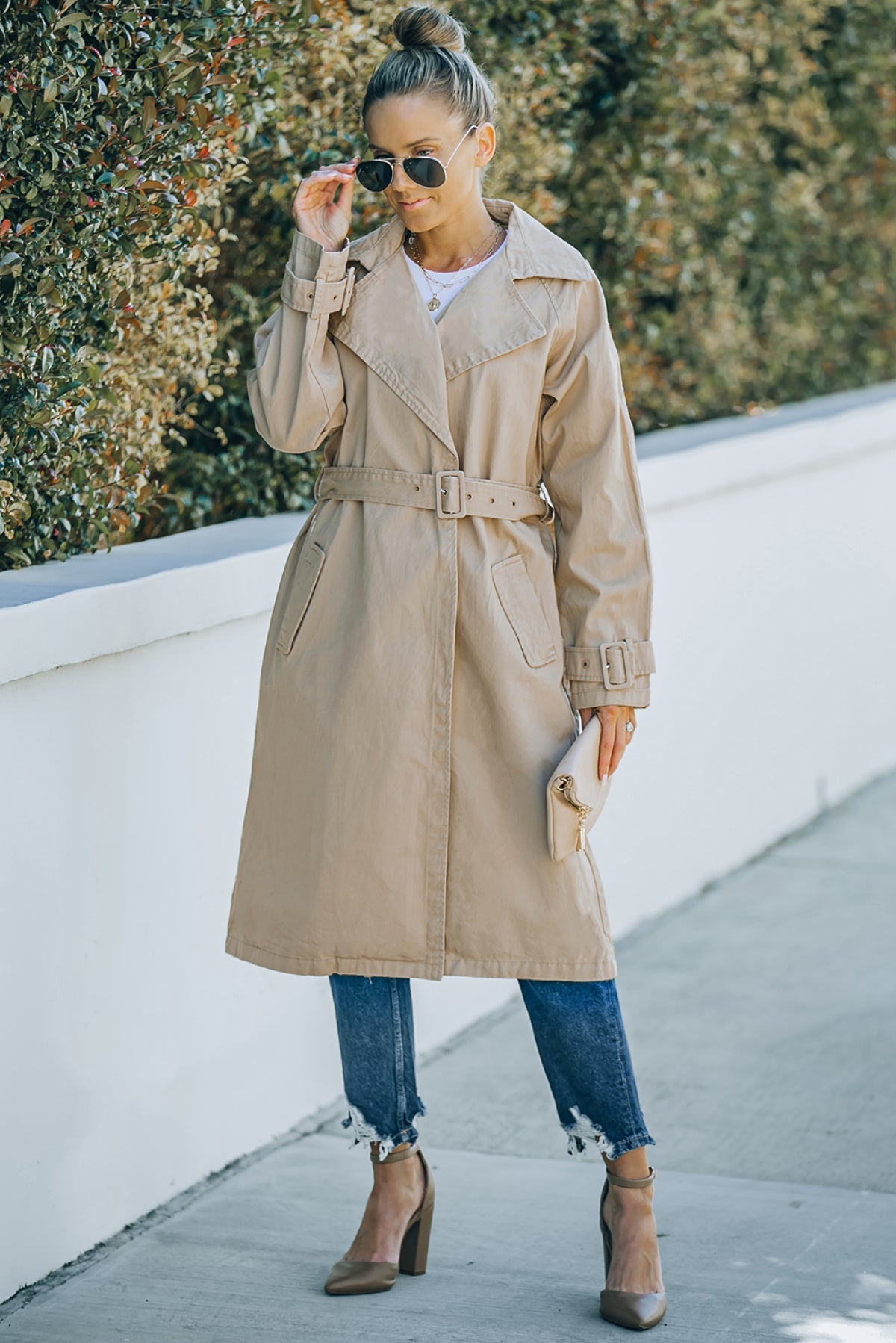 Khaki Runway Style Belted Long Trench Coat