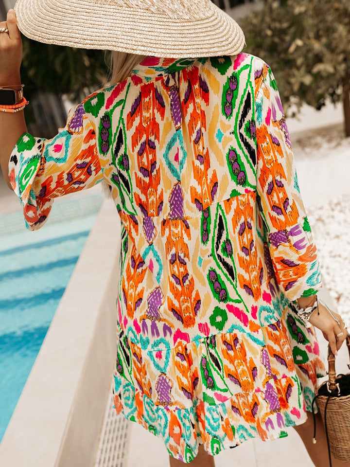 Printed Buttoned Long Sleeve Dress