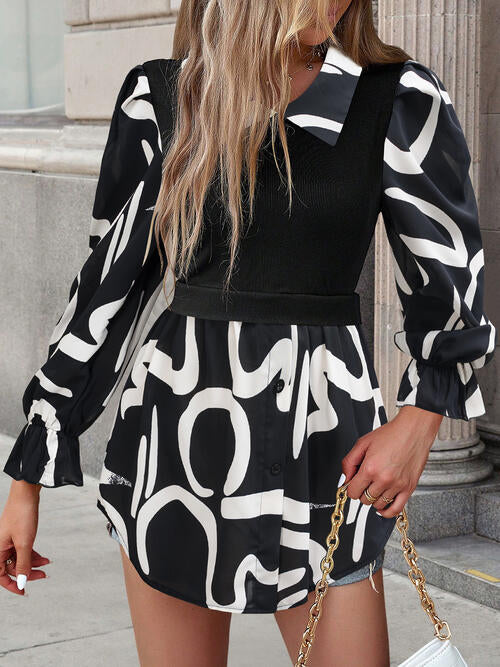 Collared Neck Black And White Color-Contrast Print Long Sleeve Shirt