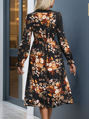 Printed Notched Long Sleeve Midi Dress