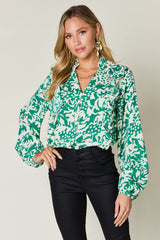 Full Size Printed Ruffle Trim Balloon Sleeve Shirt