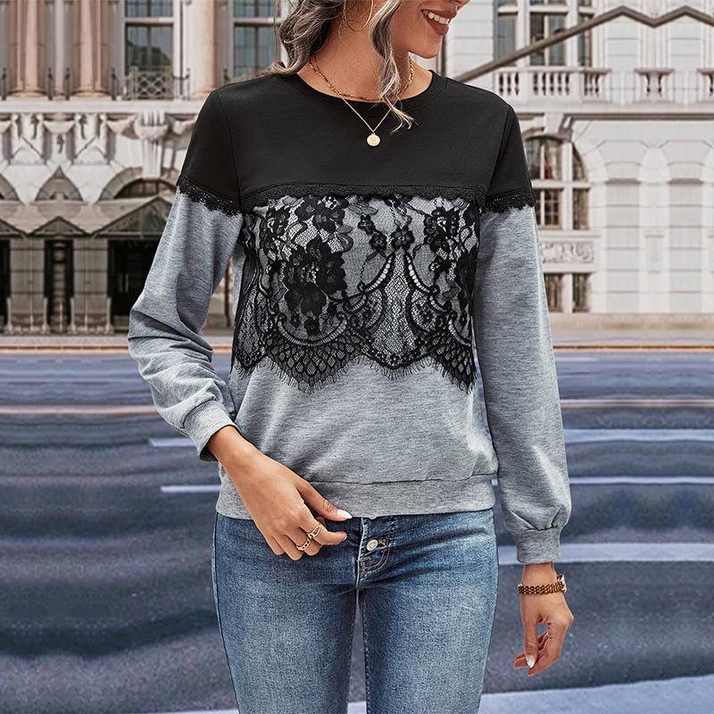 Floral Lace Contrast Round Neck Sweatshirt