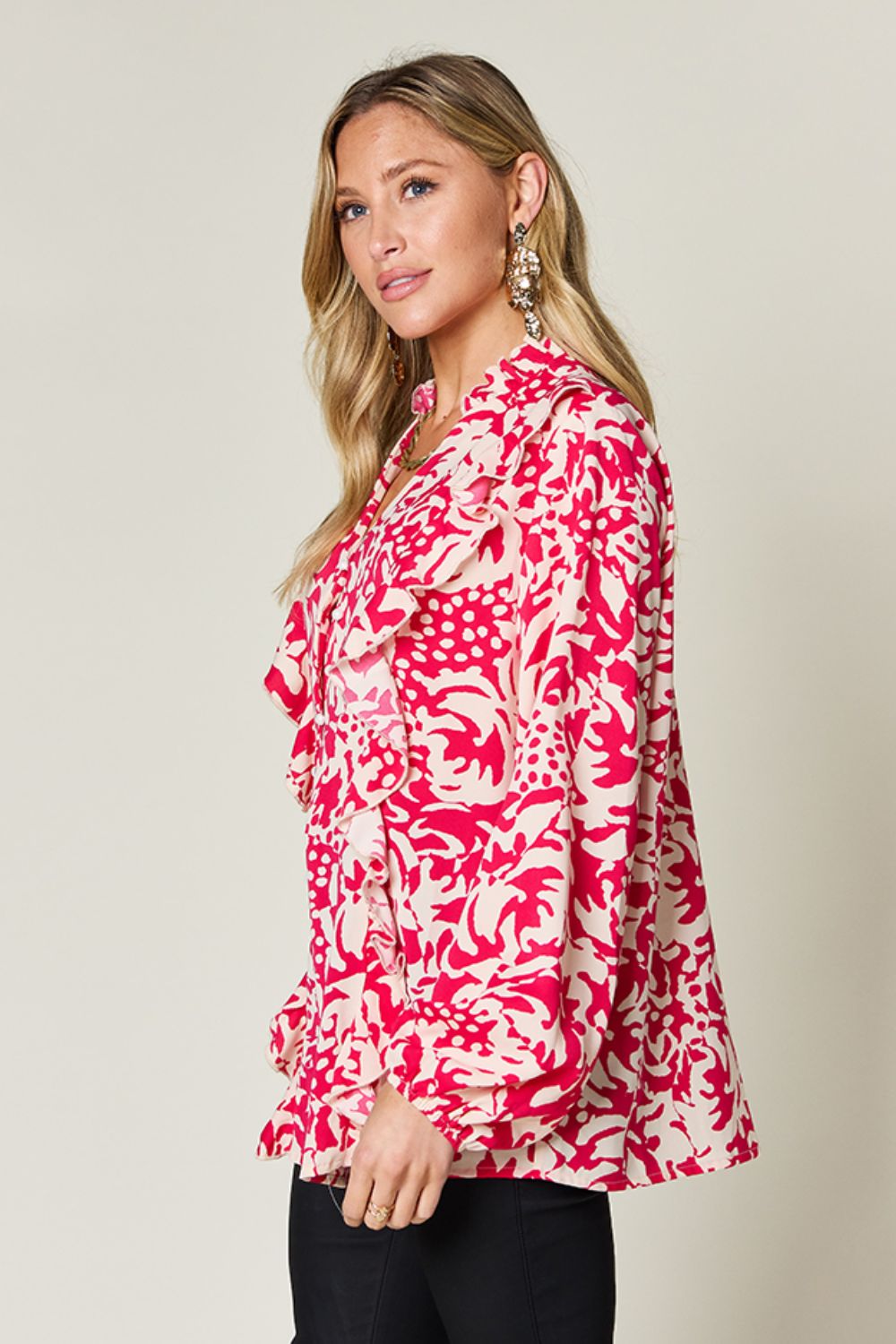 Full Size Printed Ruffle Trim Balloon Sleeve Shirt