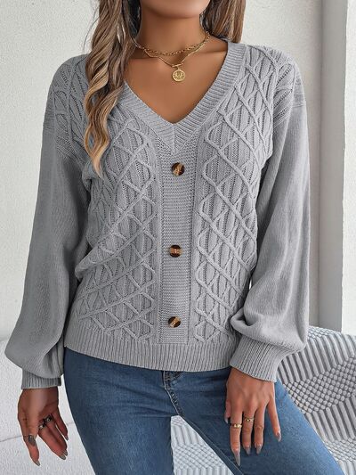 Cable-Knit V-Neck Lantern Sleeve Sweater