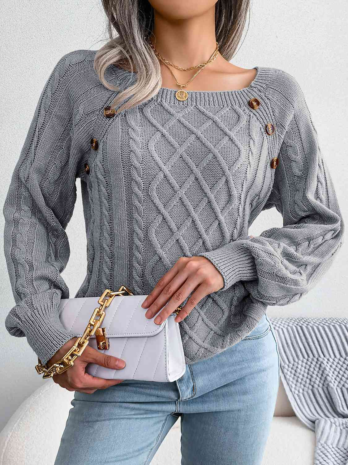 Fall Free Button Cable-Knit Sweater