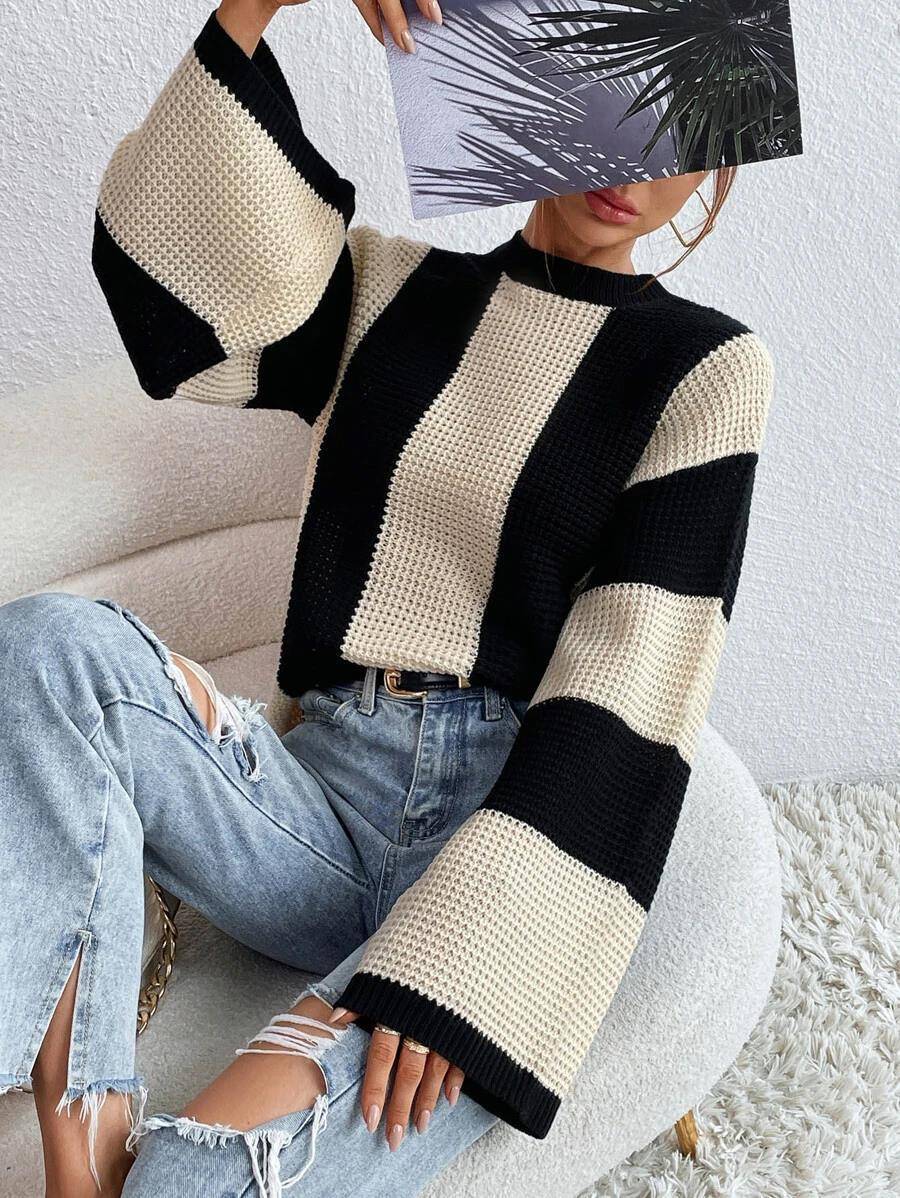 Crew Neck Waffle Drop Shoulder Knit Sweater