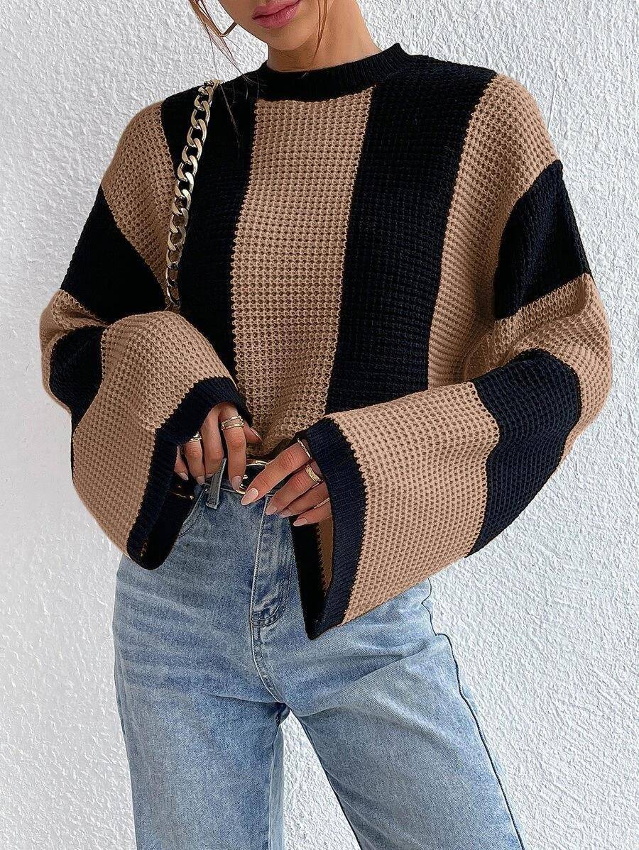 Crew Neck Waffle Drop Shoulder Knit Sweater