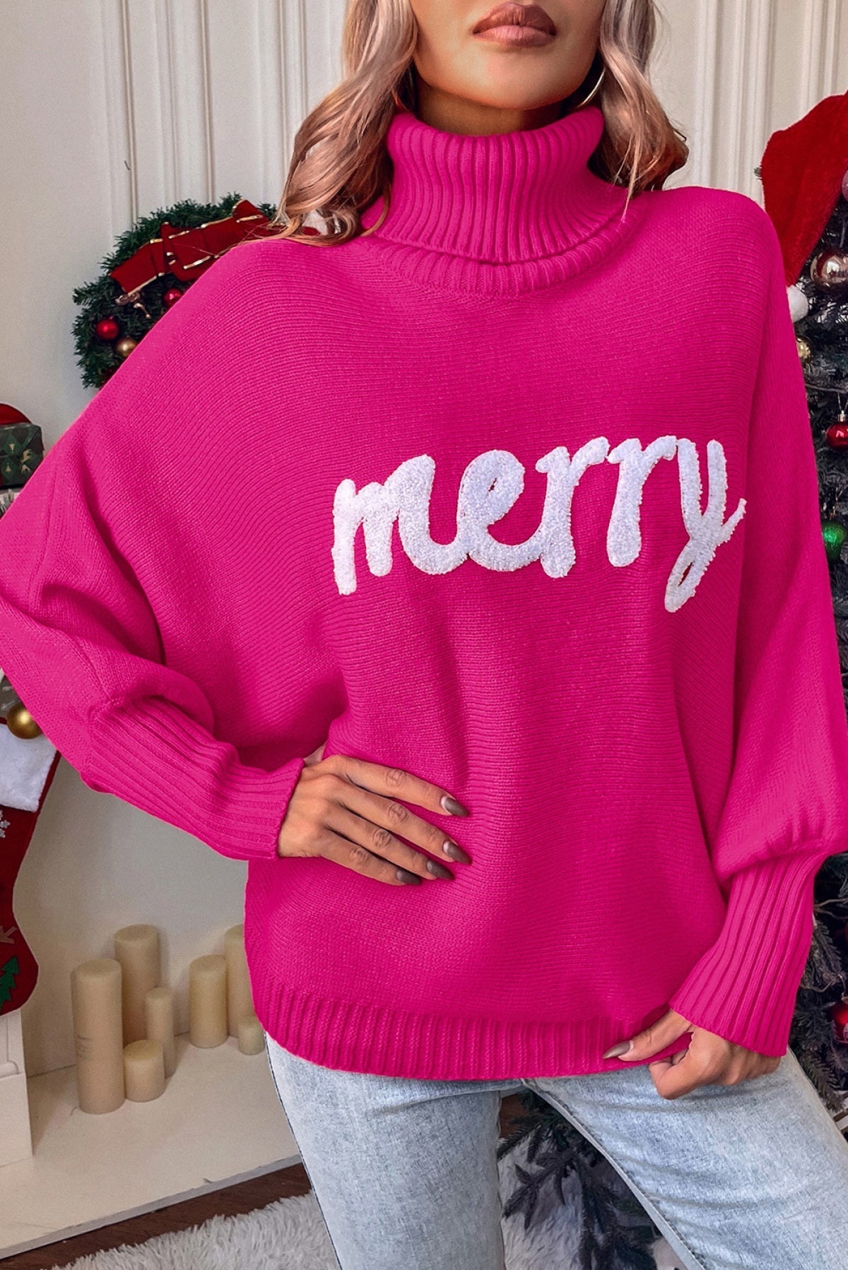 Rose Merry Letter Embroidered High Neck Sweater