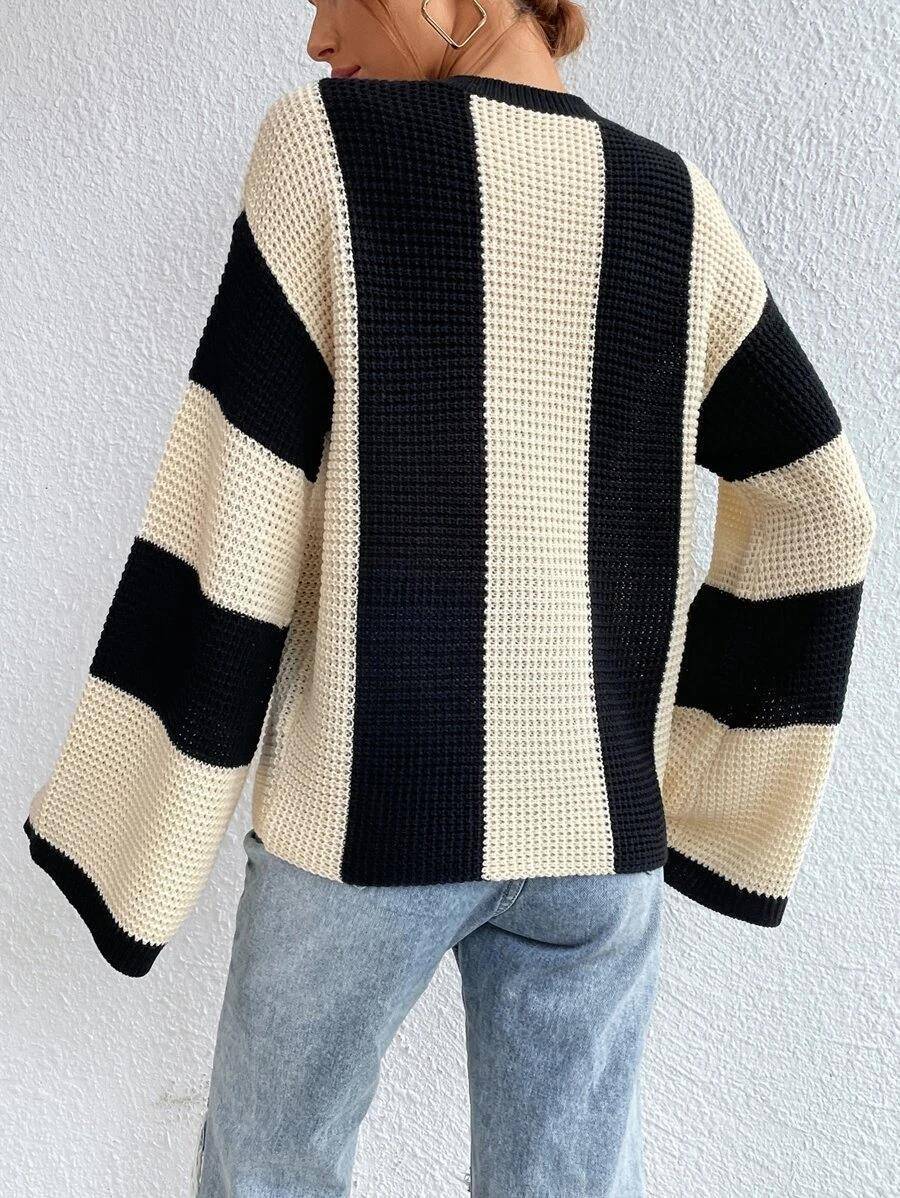 Crew Neck Waffle Drop Shoulder Knit Sweater