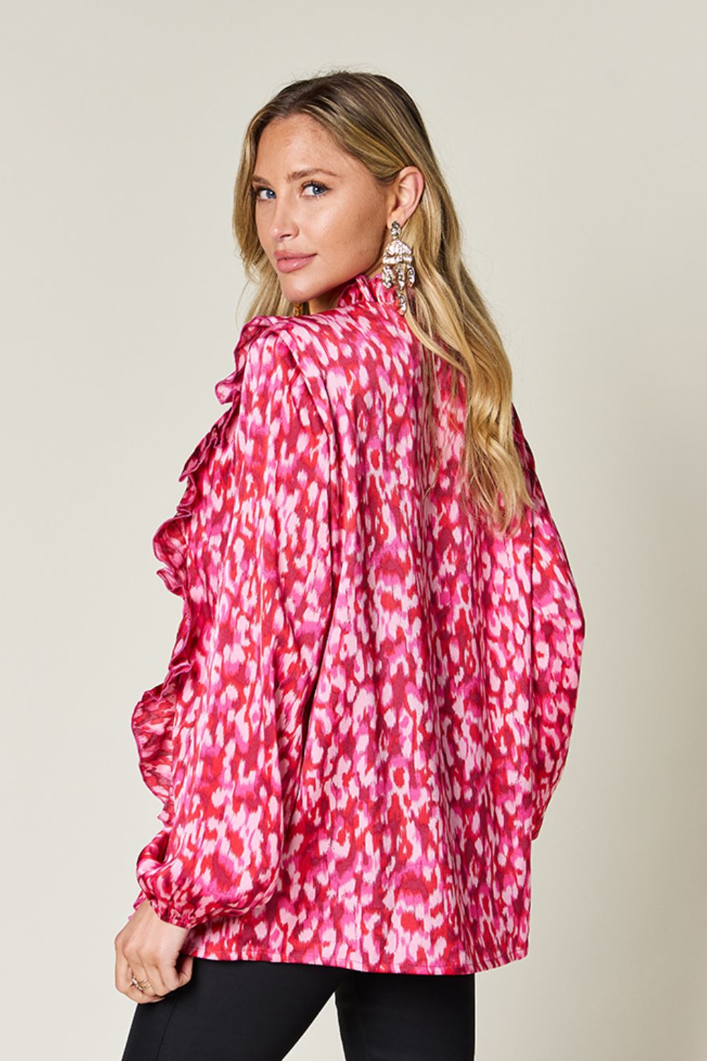 Full Size Printed Ruffle Trim Balloon Sleeve Shirt