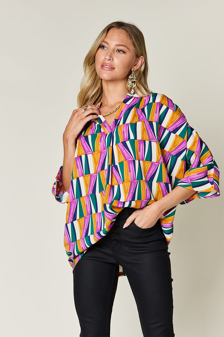 Full Size Geometric Notched Raglan Sleeve Blouse