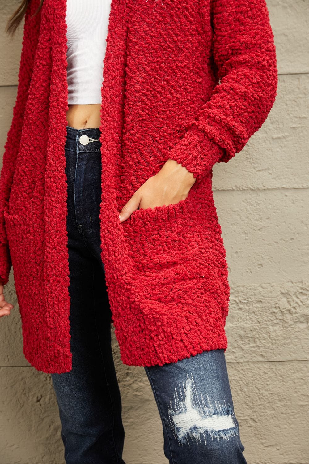 Falling For You Full Size Open Front Popcorn Cardigan