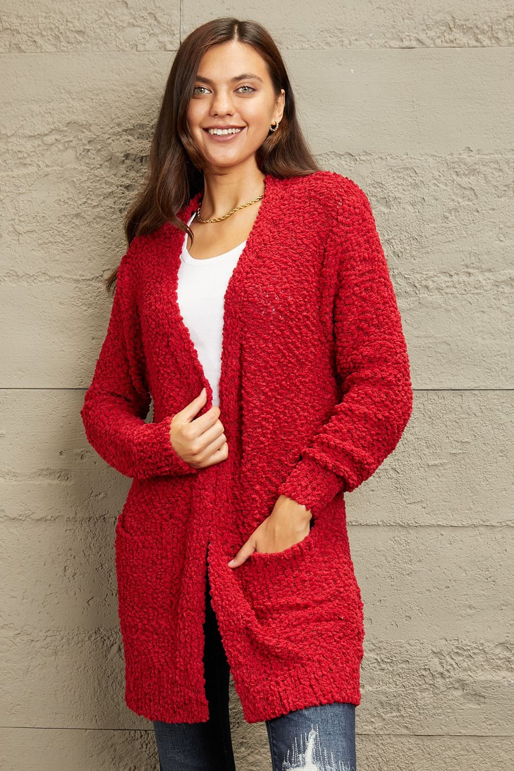 Falling For You Full Size Open Front Popcorn Cardigan