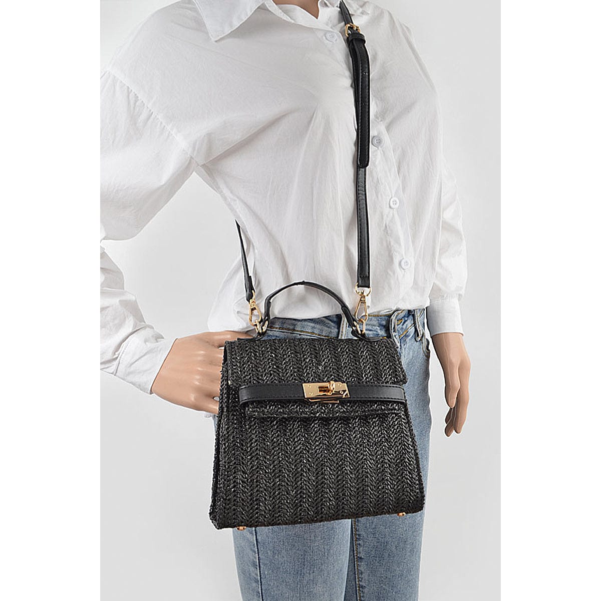 Faux Straw Top Handle Clutch