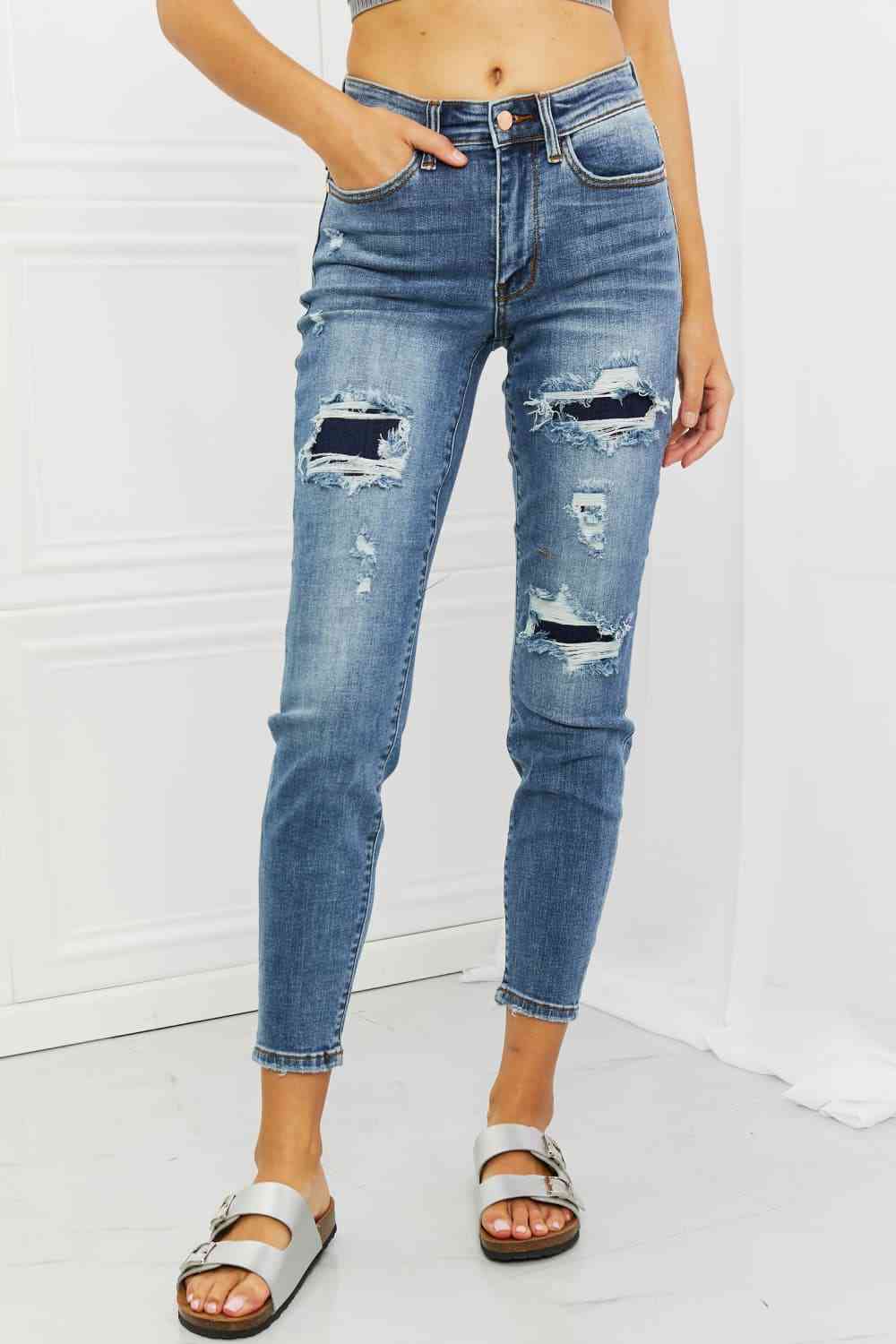 Dahlia Full Size Distressed Patch Jeans