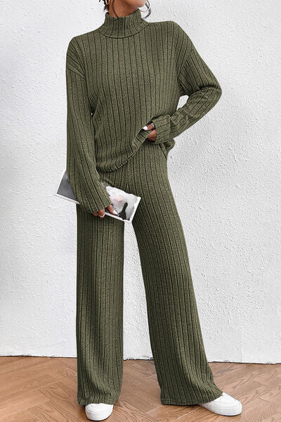 Ribbed Mock Neck Top and Pants Set