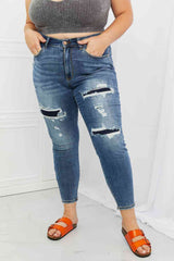 Dahlia Full Size Distressed Patch Jeans