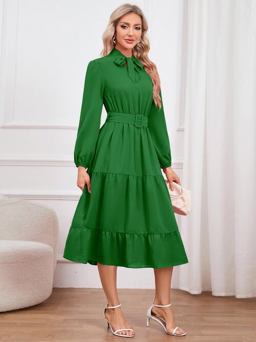 Tie Neck Long Sleeve Tiered Dress