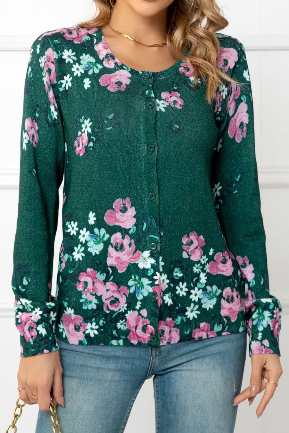 Floral Button Front Round Neck Cardigan