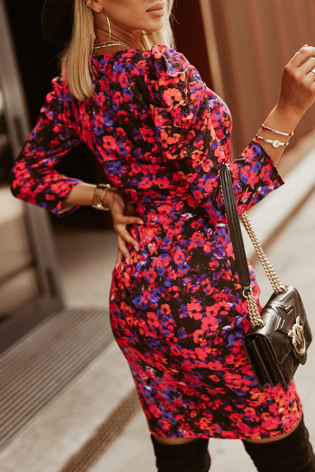 Floral Long Puff Sleeve Tulip Hem Dress