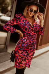 Floral Long Puff Sleeve Tulip Hem Dress