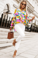 Floral Print Notched Neck Lantern Sleeve Blouse