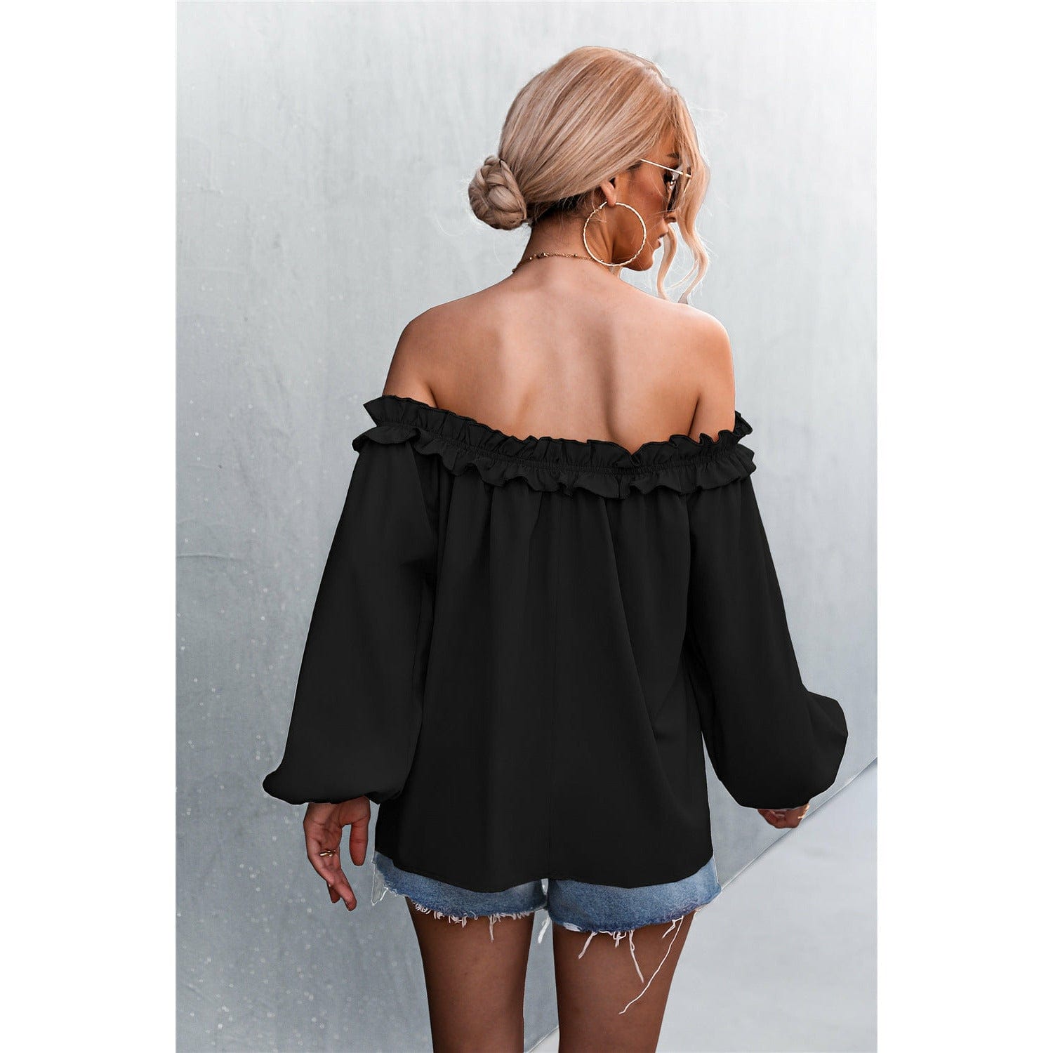 Frill Trim Off-Shoulder Balloon Sleeve Top