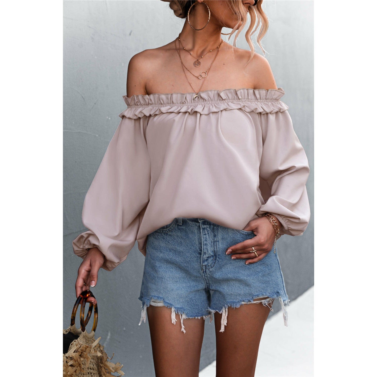 Frill Trim Off-Shoulder Balloon Sleeve Top