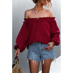 Frill Trim Off-Shoulder Balloon Sleeve Top